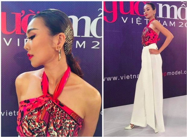 Thanh Hằng biến khăn lụa thành một thiết kế áo cổ yếm để phô diễn bờ vai trần cùng đôi xương quai xanh thanh mảnh, sắc nét của mình. Ảnh: Internet. Video "Minh Hằng chia sẻ về phong cách thời trang". Nguồn: VTC.