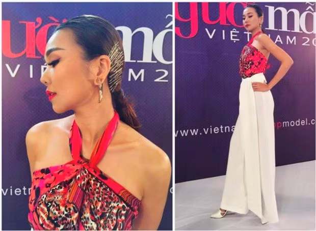 Thanh Hằng biến khăn lụa thành một thiết kế áo cổ yếm để phô diễn bờ vai trần cùng đôi xương quai xanh thanh mảnh, sắc nét của mình. Ảnh: Internet. Video "Minh Hằng chia sẻ về phong cách thời trang". Nguồn: VTC.