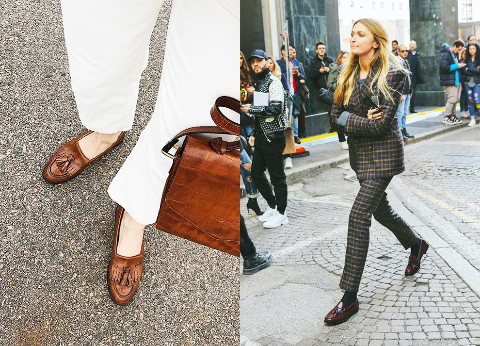 Tương tự giày gót nhọn bít mũi đen, giày loafers cũng là người bạn thân của phái đẹp mỗi khi đến văn phòng hay trong tình huống đòi hỏi sự trang trọng. Loại giày đế bệt này có ưu điểm là mang lại sự thoải mái tối đa khi bạn cần đi bộ nhiều. Hãy chọn cho mình đôi giày loafers cho lần dạo phố vào dịp năm mới nhé! Ảnh: @frejaura, vogue.