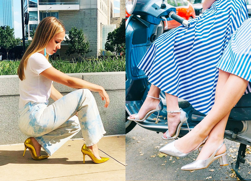 Giày ánh kim giúp đôi chân như tỏa sáng mỗi khi bạn bước đi. Đây là thiết kế hoàn hảo cho buổi tiệc sôi động cuối năm hoặc những lúc bạn muốn thay đổi phong cách của mình để không bị nhàm chán. Ảnh: @outfitauthority, @sarahflint_nyc.