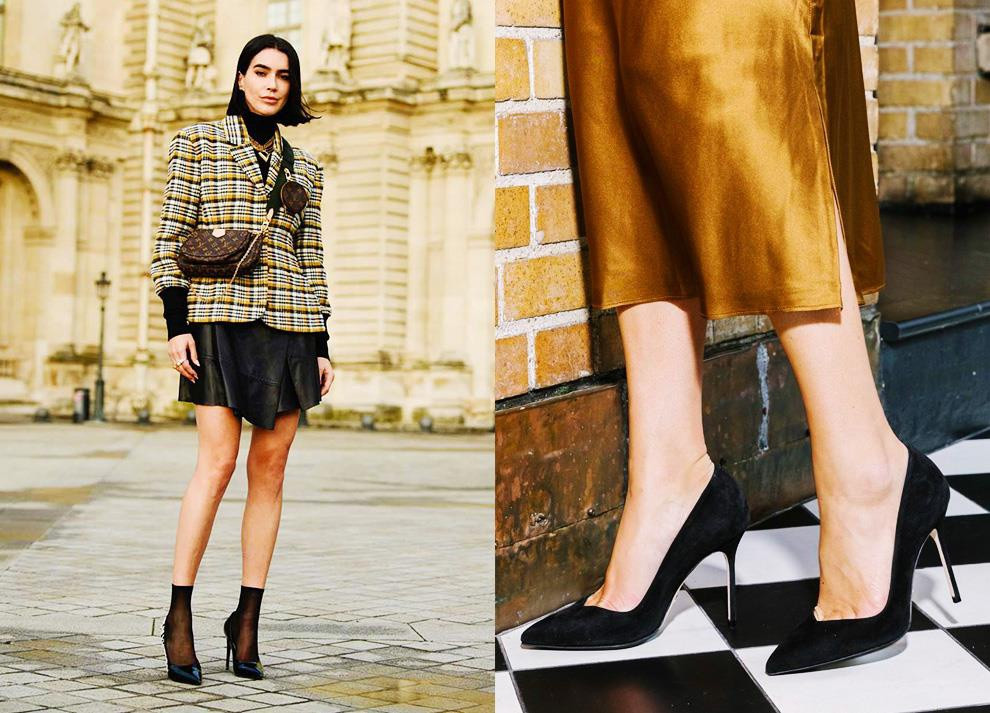 Giày gót nhọn bít mũi đen rất quen thuộc với các cô nàng công sở. Quần jeans, quần tây, váy chữ A, váy midi... đều dễ dàng kết hợp với kiểu giày cổ điển này. Ngoài ra, bạn còn có thể đổi mới diện mạo cho đôi giày gót nhọn đen của mình bằng cách mang thêm tất có độ dài trên mắt cá chân. Ảnh: harpersbazaar, @sarahflint_nyc.