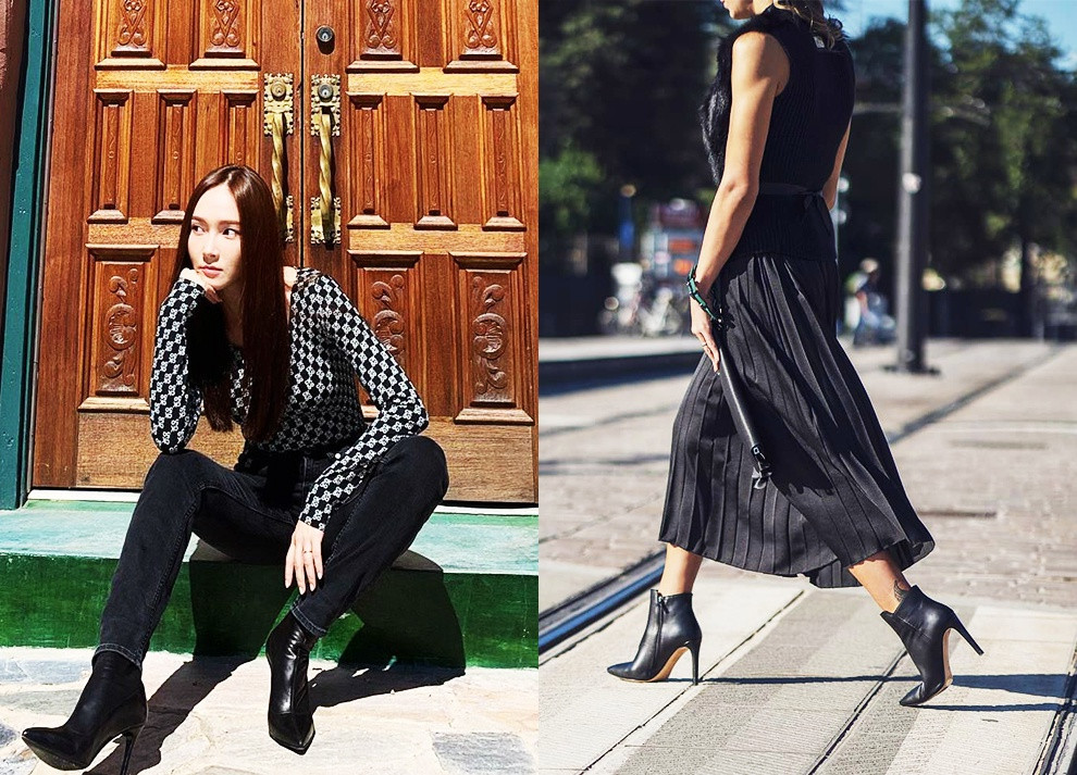 Ankle boots gót nhọn có sự pha trộn thú vị giữa nét phóng khoáng, cá tính của boots với sự thanh lịch và duyên dáng của giày gót nhọn. Bạn không cần suy nghĩ nhiều khi phối đồ với ankle boots vì nó phù hợp với mọi items: Quần skinny jeans, shorts jeans, váy ngắn, váy suông, váy bút chì... Ảnh: @jessica.syj, @novebyalessandragori.