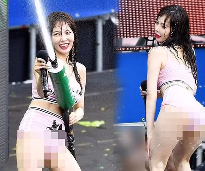 Nữ ca sĩ HuynA đã nhận không ít chỉ trích với cách lựa chọn trang phục biểu diễn phản cảm trong lễ hội nhạc nước Waterbomb.