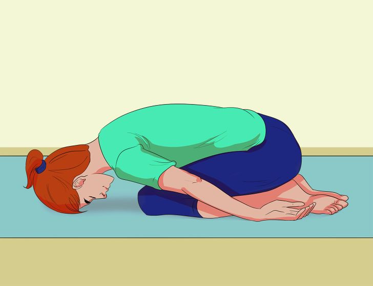 Tư thế đứa trẻ: Quỳ trên sàn với mũi bàn chân úp xuống. Cúi người xuống phía trước, trán chạm xuống thảm, hai tay đưa ra phía sau, lòng bàn tay hướng lên trên. Giữ tư thế tối đa 5 phút.