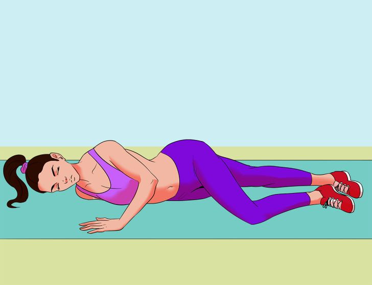 Nằm căng ngực kéo giãn: Động tác này giúp tăng cường cơ ngực, nâng size cho vòng một. Nằm sấp, hai tay mở rộng sang hai bên. Dùng lực tay trái nâng cao người lên khỏi mặt thảm, cong đầu gối trái, lăn người sang bên phải. Giữ tư thế trong khoảng 2 phút rồi đổi bên. Lặp lại động tác 5 lần.