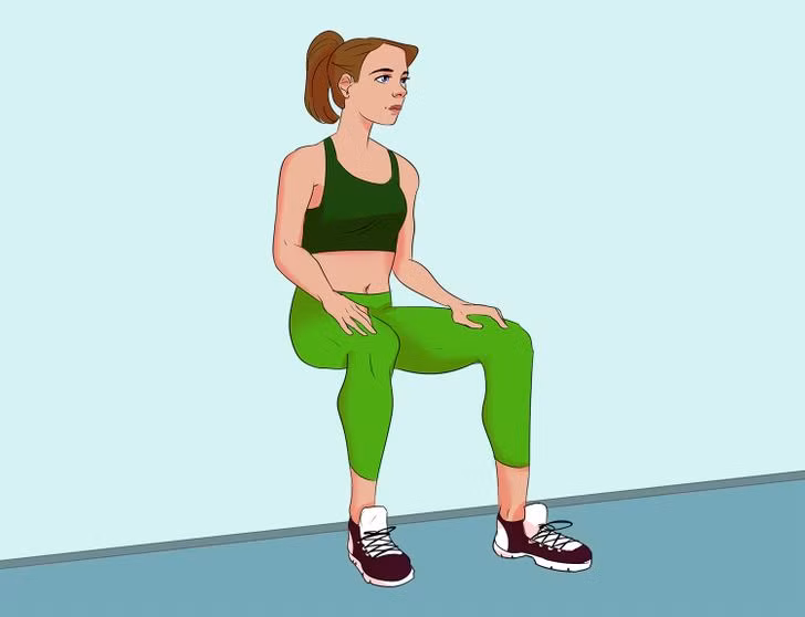 Dựa tường: Đứng thẳng, lưng dựa vào tường, hai chân mở rộng bằng vai. Hạ thấp trọng tâm cho đến khi đùi và cẳng chân tạo góc 90 độ, hai tay đặt lên hai đầu gối, lưng vẫn dựa tường. Giữ yên trong 1 phút. Lặp lại động tác 3 - 5 lần. Mời độc giả theo dõi video "Bí quyết làm đẹp của sao Việt". Nguồn: VTC.
