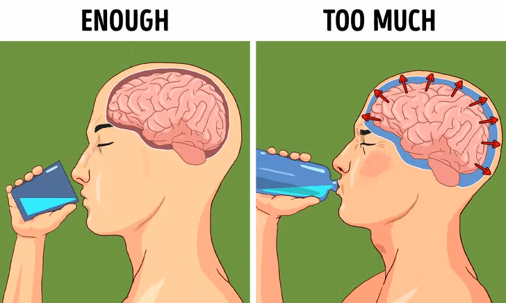 Nước: Uống quá nhiều nước cũng làm mất cân bằng điện giải, hạ mức natri xuống mức thấp. Ngoài ra, tích tụ quá nhiều nước trong não cũng khiến não bị sưng và tăng áp lực do hộp sọ không thể căng ra.