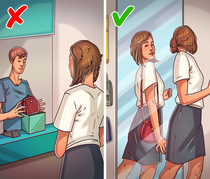 Thử trước khi mua: Chúng ta nên thử túi trước khi mua hàng để cảm nhận độ nặng nhẹ, xem dây quai có làm đau bạn không hay dáng túi có ôm sát người không.