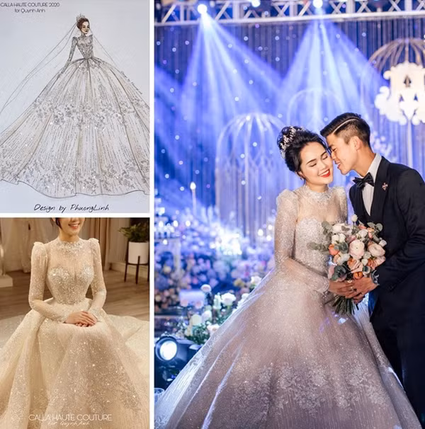 Trong hôn lễ với Duy Mạnh - hot boy của đội tuyển quốc gia, cô dâu Quỳnh Anh đặt riêng váy cưới lung linh, được đích thân NTK Phương Linh của thương hiệu Calla Bridal chắp bút. “Bà tiên váy cưới” đã tiết lộ, bộ váy cưới đính đá của Quỳnh Anh có giá 1 tỷ đồng.