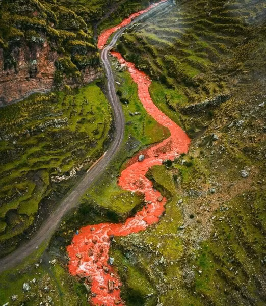  Sông Palquella Pucamayu, còn được gọi là "Sông Hồng", ở Cusco, Peru, nổi tiếng với dòng nước màu đỏ rực.