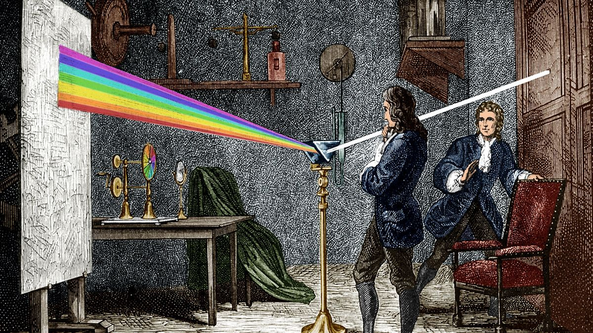 3. Thí nghiệm tán xạ ánh sáng của Isaac Newton: Newton đã sử dụng một lăng kính để phân tán ánh sáng trắng thành các màu sắc khác nhau, chứng minh rằng ánh sáng trắng thực chất là sự kết hợp của nhiều màu sắc. Thí nghiệm này không chỉ làm sáng tỏ bản chất của ánh sáng mà còn đặt nền móng cho quang học hiện đại. (Ảnh: Live Science)