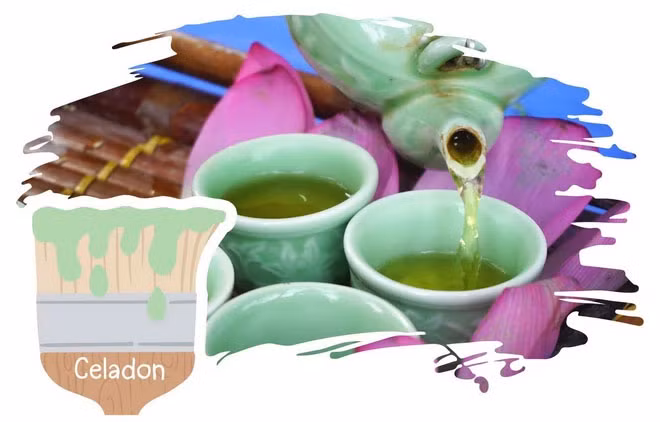 4. Celadon – Màu men ngọc: Màu xanh lục-xanh nước biển nhạt, xuất hiện trong nước men đồ gốm Trung Quốc.