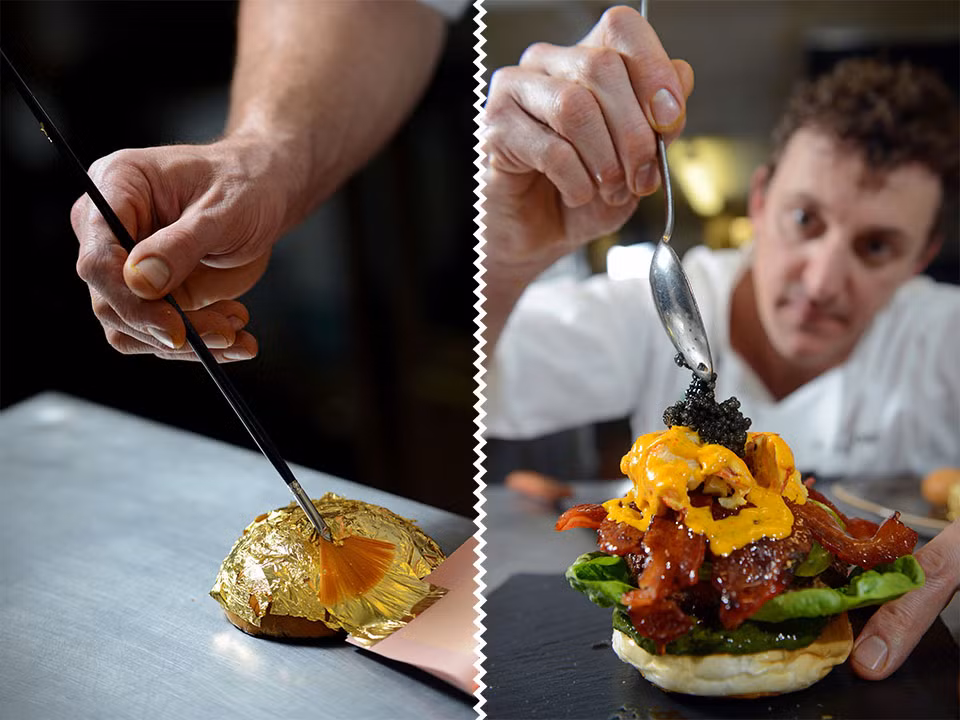 Chưa hết, bên trên lớp thịt được phủ một lớp sirô cây phong và thịt ba chỉ xông khói, trứng cá Beluga và trứng vịt xông khói.