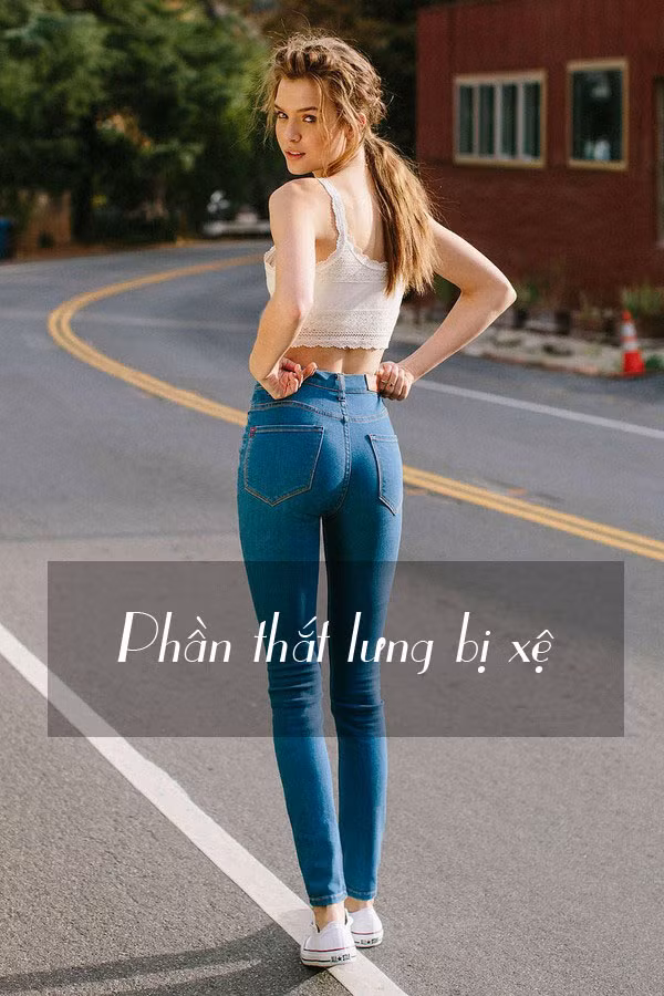 Giải pháp: Vấn đề bạn gặp phải là chiếc quần skinny jeans bị rộng ở phần thắt lưng và có cảm giác như sắp tụt xuống, đừng quá lo lắng, một chiếc quần với phần viền đai thắt lưng hai mảnh có khả năng ôm lấy vòng ba của bạn, hạn chế việc bị tụt hay xệ quần. Một giải pháp khác đó là chọn chiếc quần có kích thước nhỏ hơn và sau một vài lần mặc, chiếc quần sẽ giãn ra và việc mặc chúng trở nên thoải mái hơn.