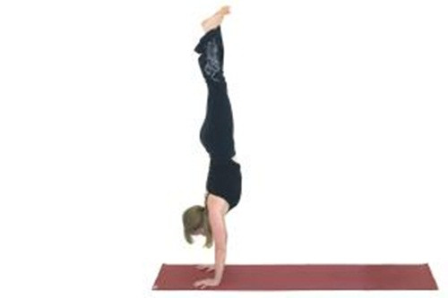 Trồng cây chuối bằng tay - Adho Mukha Vrksasana. Tư thế này khó ở chỗ bạn phải luyện tập để kiểm soát thể lực đủ để có thể nâng cả người dựng ngược trong khi cánh tay vẫn phải giữ thẳng. Nếu là người mới bắt đầu thì tay bạn sẽ bị gập lại vì chưa đủ lực.