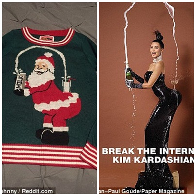 Chiếc áo len họa tiết đặc biệt ông già Noel với vòng mông đặc biệt, lấy cảm hứng từ bức ảnh khét tiếng của cô Kim siêu vòng 3.