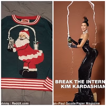 Chiếc áo len họa tiết đặc biệt ông già Noel với vòng mông đặc biệt, lấy cảm hứng từ bức ảnh khét tiếng của cô Kim siêu vòng 3.