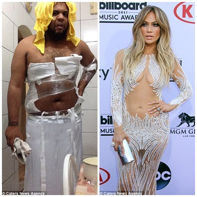 Lần hóa trang cô nàng JL thứ hai có vẻ tả tơi hơn lần trước bởi bộ cánh khoe da thịt mà Jen mặc. Khăn mặt màu vàng được dùng làm tóc, giấy vệ sinh được tận dụng hết cỡ làm váy áo và đặc biệt hơn là giẻ lau được dùng làm ví.