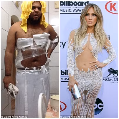 Lần hóa trang cô nàng JL thứ hai có vẻ tả tơi hơn lần trước bởi bộ cánh khoe da thịt mà Jen mặc. Khăn mặt màu vàng được dùng làm tóc, giấy vệ sinh được tận dụng hết cỡ làm váy áo và đặc biệt hơn là giẻ lau được dùng làm ví.