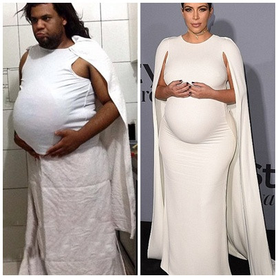 Joao cũng khéo léo tái hiện lại bộ đồ cô Kim siêu vòng 3 mặc lúc mang bầu bằng 2 chiếc khăn tắm lớn, 1 chiếc áo 3 lỗ và 1 cái gối nhét trong bụng.