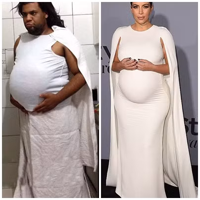 Joao cũng khéo léo tái hiện lại bộ đồ cô Kim siêu vòng 3 mặc lúc mang bầu bằng 2 chiếc khăn tắm lớn, 1 chiếc áo 3 lỗ và 1 cái gối nhét trong bụng.