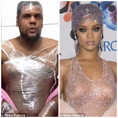 Trong khi đó, bộ váy đính cườm long lanh tuyệt đẹp cô nàng Rhianna mặc trong lễ trao giải CFDA Awards năm 2014 được anh chàng Joao tái hiện bằng băng dính trắng.