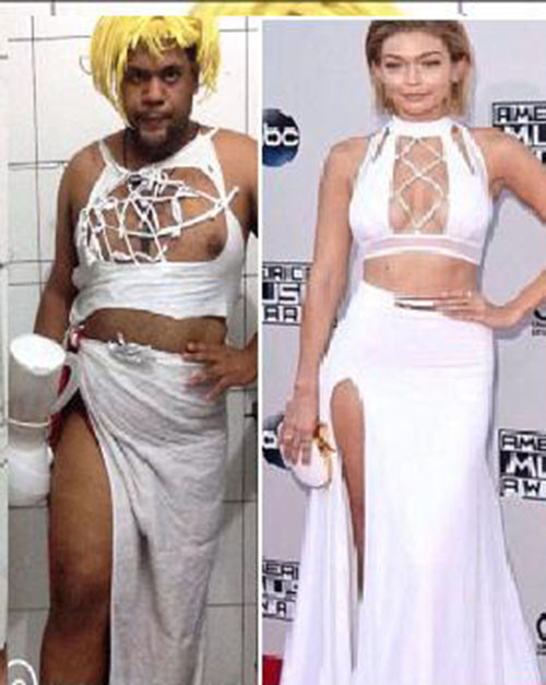 Siêu mẫu nổi tiếng Gjgi Hadid cũng không được Joao bỏ qua. Anh chàng khéo léo dùng khăn để quấn thành y phục, tay cầm máy xay sinh tố thay chiếc túi hàng hiệu đắt tiền.