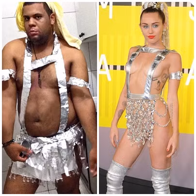 Anh chàng đã không né tránh bộ y phục siêu sexy của cô nàng Miley Cirus trong lễ trao giải MTV VMAs. Anh dùng giấy bạc làm váy và đội tóc giả để miêu tả bộ trang phục gây tranh cãi này.