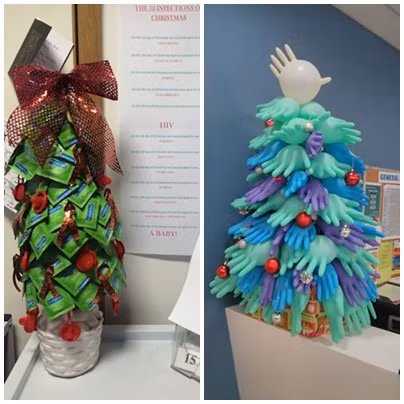 Môi trường y tế có thể khô khan và căng thẳng. Nhưng Giáng sinh dành cho tất cả mọi người và những vật dụng y tế cũng được dùng để trang trí cây thông Noel lộng lẫy theo những cách rất riêng.