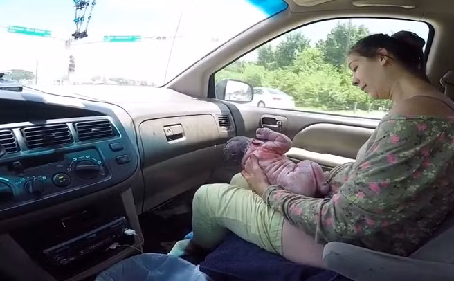 Sinh trong ô tô trên đường đến bệnh viện. Đây là trường hợp của Lesia Pettijohn, cô sinh em bé ngay khi đang ngồi ô tô để tới bệnh viện. Chồng cô vừa lái xe vừa quay lại cảnh vợ sinh con sau đó post clip lên mạng khiến nhiều người kinh ngạc.