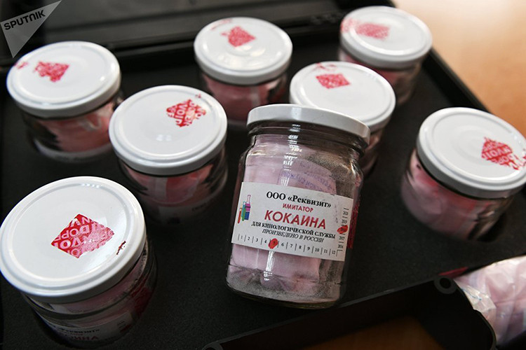 Trong ảnh là những chiếc lọ mô phỏng các loại chất kích thích khác nhau để huấn luyện chó nghiệp vụ tại Trung tâm Cảnh khuyển Bộ Nội vụ Nga ở ngoại ô Moscow. Nguồn ảnh: Sputnik.