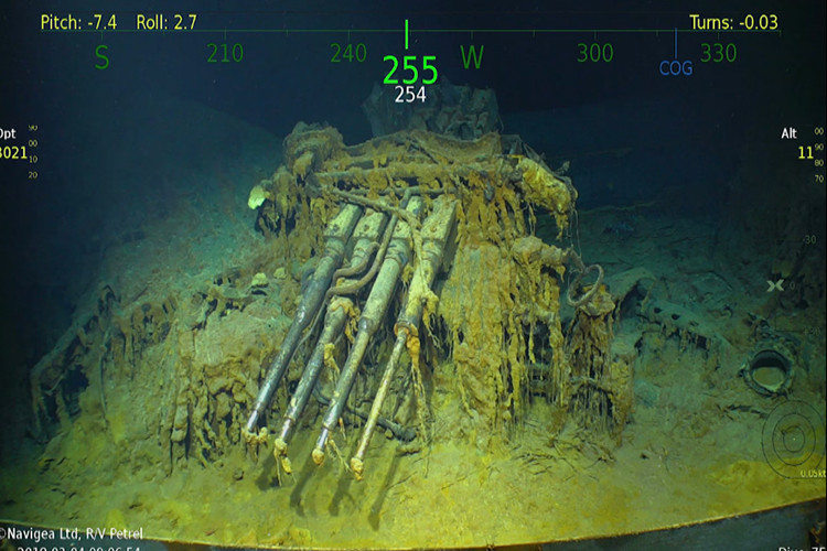 Tháp pháo phòng không 1.1"/75 (28mm) trên USS Lexington, một phần thân con tàu vẫn còn khá nguyên vẹn sau hơn 70 năm dưới đáy biển. Nguồn ảnh: Stars and Stripes.