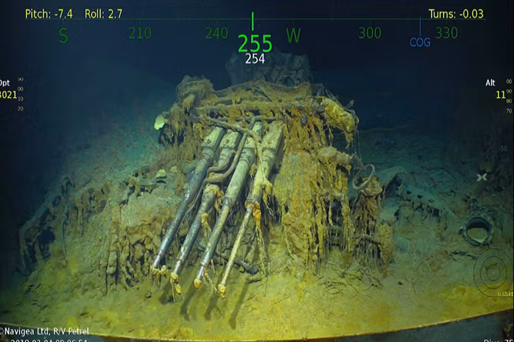 Tháp pháo phòng không 1.1"/75 (28mm) trên USS Lexington, một phần thân con tàu vẫn còn khá nguyên vẹn sau hơn 70 năm dưới đáy biển. Nguồn ảnh: Stars and Stripes.