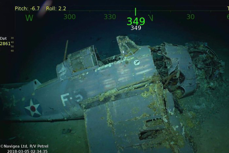Ngay sau phát hiện của Paul Allen, Hải quân Mỹ cũng lên tiếng xác nhận vị trí tàu USS Lexington được tìm thấy. Một chiếc tiêm kích trên hạm Grumman F4F Wildcat nằm gần vị trí phát hiện ra tàu sân bay Mỹ. Nguồn ảnh: Stars and Stripes.