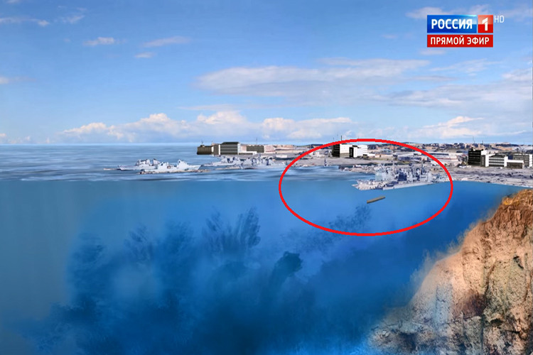 Hình ảnh mô phỏng Status-6 được triển khai tấn công một căn cứ hải quân chiến lược của đối phương, trước đó nó di chuyển liên tục dưới đáy biển và chỉ tiếp cận mục tiêu khi có lệnh. Nguồn ảnh: Russia 1.