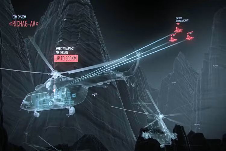 Theo quảng cáo của Nga trước đây tổ hợp áp chế điện tử Richag-AV có phạm vi tác chiến hiệu quả lên đến 300km và có thể được tích trên nhiều loại phương tiện khác nhau, từ máy bay, tàu thủy cho đến xe quân sự chuyên dụng. Về năng lực tác chiến của tổ hợp áp chế điện tử này cho tới nay vẫn chưa được Nga chứng minh. Nguồn ảnh: KRET.