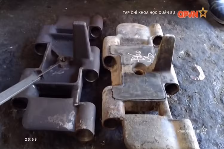 Hình ảnh so sánh giữa bộ xích xe mới (màu sáng) và xích xe cũ (màu tối) của xe thiết giáp M113 được Viện Kỹ thuật Cơ giới quân sự giới thiệu. Nguồn ảnh: QPVN.