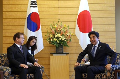 Đặc phái viên Hàn Quốc Suh Hoon gặp Thủ tướng Nhật Bản Shinzo Abe tại Tokyo ngày 13/3. Ảnh: Yonhap/EPA