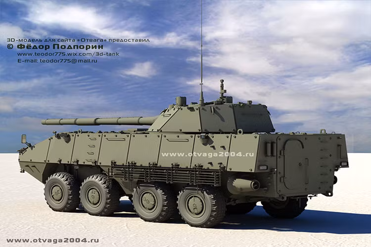 Hiện tại một chiếc Bumerang tiêu chuẩn có trọng lượng vào khoảng 25 tấn, nếu loại bỏ các tháp pháo thông thường và trang bị lại pháo 125mm, trọng lượng của nó sẽ tăng lên khoảng 28 hoặc dưới 30 tấn. Trọng lượng này hoàn toàn tương đương với các dòng xe tăng hạng nhẹ sử dụng bánh lốp của châu Âu, thậm chí là thấp hơn. Nguồn ảnh: otvaga2004.ru.