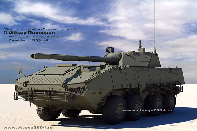 Trong thiết kế mô phỏng trong hình ta có thể thấy, tháp pháo 125mm trên xe tăng hạng nhẹ dựa trên khung gầm Bumerang sẽ được đặt giữa thân xe, với cấu trúc của tháp pháo này khả năng chở quân của Bumerang chắc chắn sẽ bị loại bỏ, bởi xe cần nhiều không gian hơn cho tổ hợp vũ khí 125mm và đạn dược mà nó sẽ mang theo. Nguồn ảnh: otvaga2004.ru.