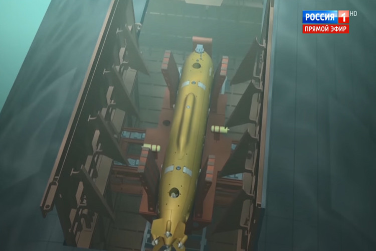 Vũ khí răn đe chiến lược thứ ba được Tổng thống Putin nói đến trong hôm 3/1 chính là mẫu ngư lôi hạt nhân không người lái Status-6 vốn từng làm mưa, làm gió trong suốt một khoảng thời gian dài khi nó lần đầu tiên xuất hiện trong năm 2015. Và đến hôm nay Nga mới chính thức thừa nhận sự tồn tại của Status-6. Nguồn ảnh: Russia 1.