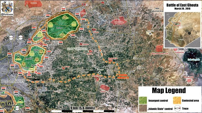 Bản đồ tình hình chiến trường Đông Ghouta, tính đến ngày 20.03.2018 theo South Front