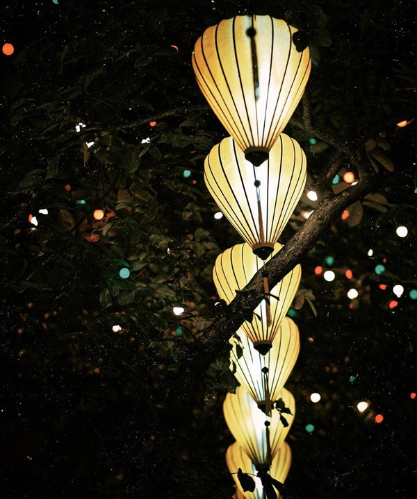 Buổi tối là lúc con phố trở nên lung linh hơn bao giờ hết. Không khí Trung thu tràn ngập trong ánh sáng của những chiếc đèn lồng đủ hình thù màu sắc, trải dài cả khu phố. Đoạn đường treo đèn lồng nối liền với không gian chợ Đồng Xuân nên khu vực này càng thêm nhộn nhịp khi trời tối.