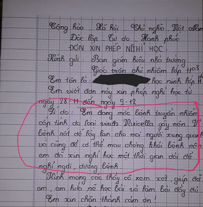 Nga ngua la don xin nghi hoc vi thuy dau cua nu sinh
