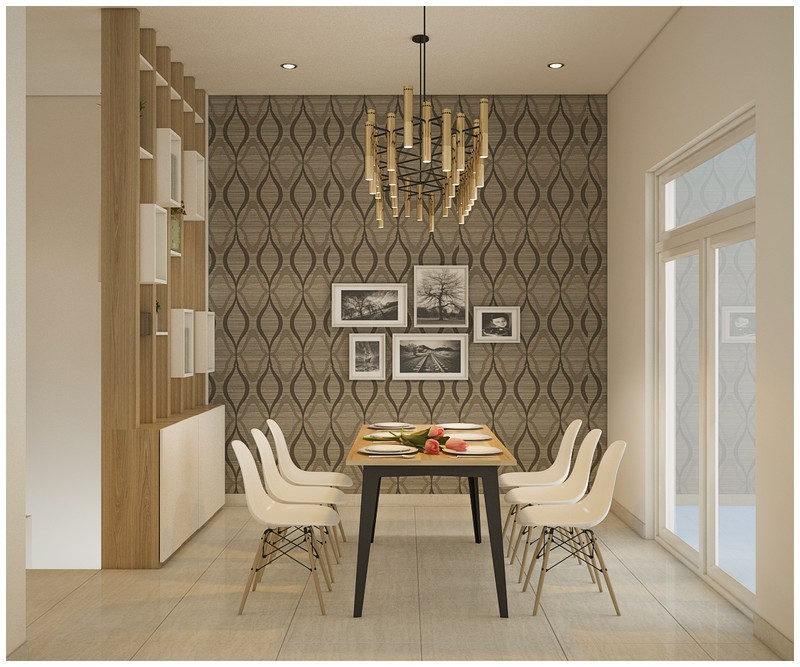 Bộ bàn ghế ăn, đặt sát cửa để tận dụng ánh sáng tự nhiên vào ban ngày. Giấy dán tường cùng tranh trang trí đẩy cao giá trị thẩm mỹ cho căn phòng.