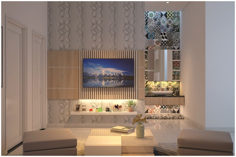 Không gian phòng sinh hoạt chung bố trí gọn gàng, ngăn nắp và có tivi để cả gia đình có thể xem chương trình giải trí.