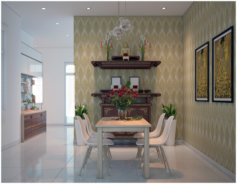 Cạnh phòng giặt là phòng thờ thoáng đãng.