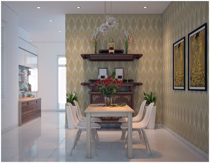 Cạnh phòng giặt là phòng thờ thoáng đãng.