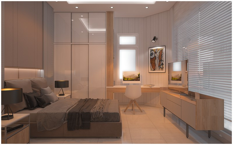 Phòng ngủ chính tuy không sở hữu khoảng không gian rộng rãi như những căn biệt thự sang trọng, nhưng việc tiết chế nội thất đã mang đến cho chủ nhà một nơi ngủ nghỉ thật an yên.