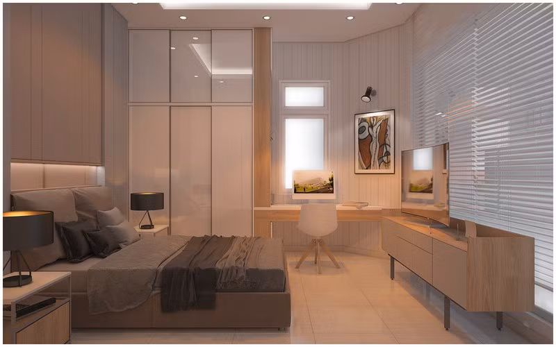 Phòng ngủ chính tuy không sở hữu khoảng không gian rộng rãi như những căn biệt thự sang trọng, nhưng việc tiết chế nội thất đã mang đến cho chủ nhà một nơi ngủ nghỉ thật an yên.